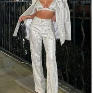 NWT Fashion Nova Shiny Silver 3pc Suit L